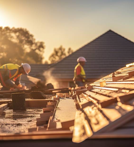 Construction workers installing roof tiles on a new residential construction site at sunset